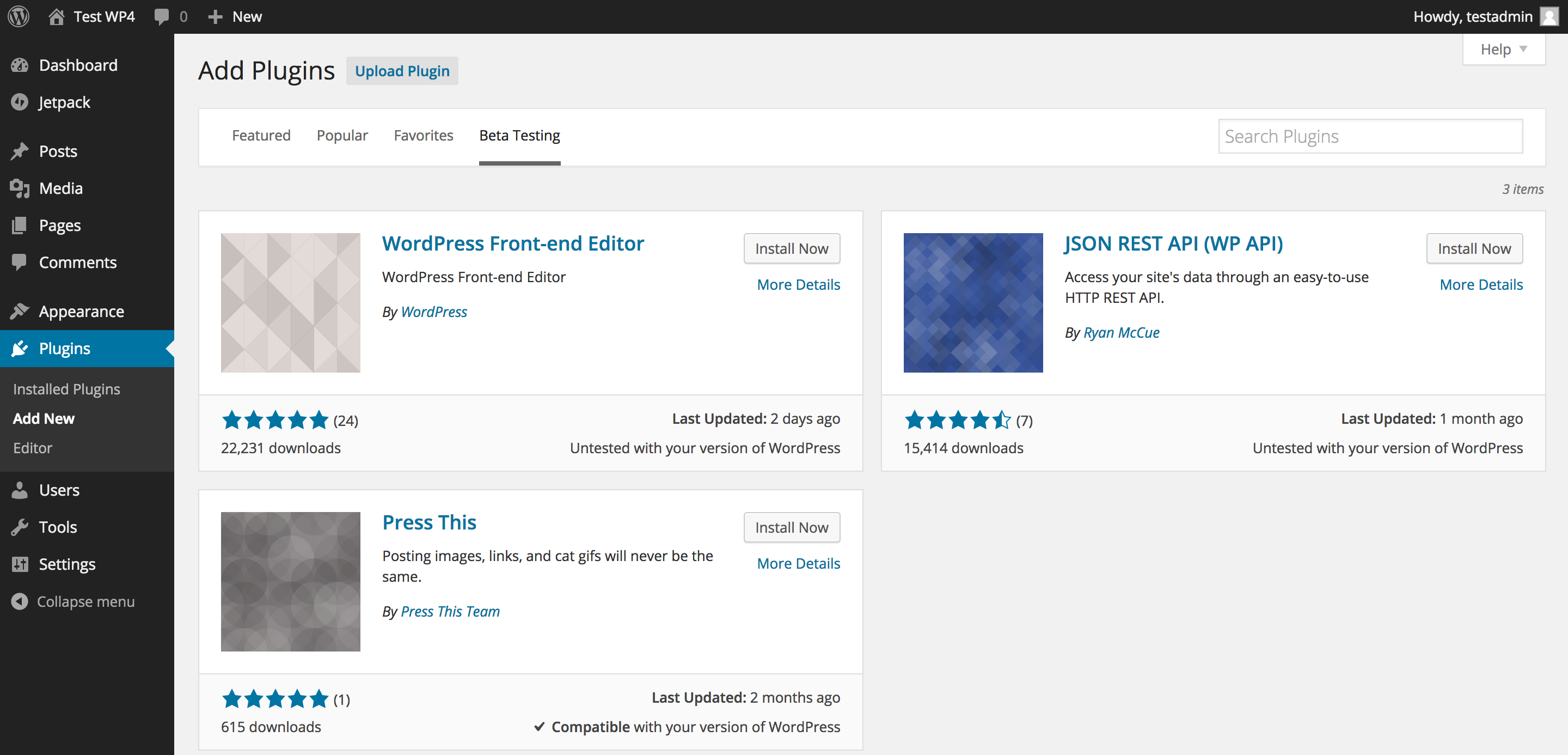 WordPress 4.0 сортиране по бета тестване в режим на търсене на плъгини