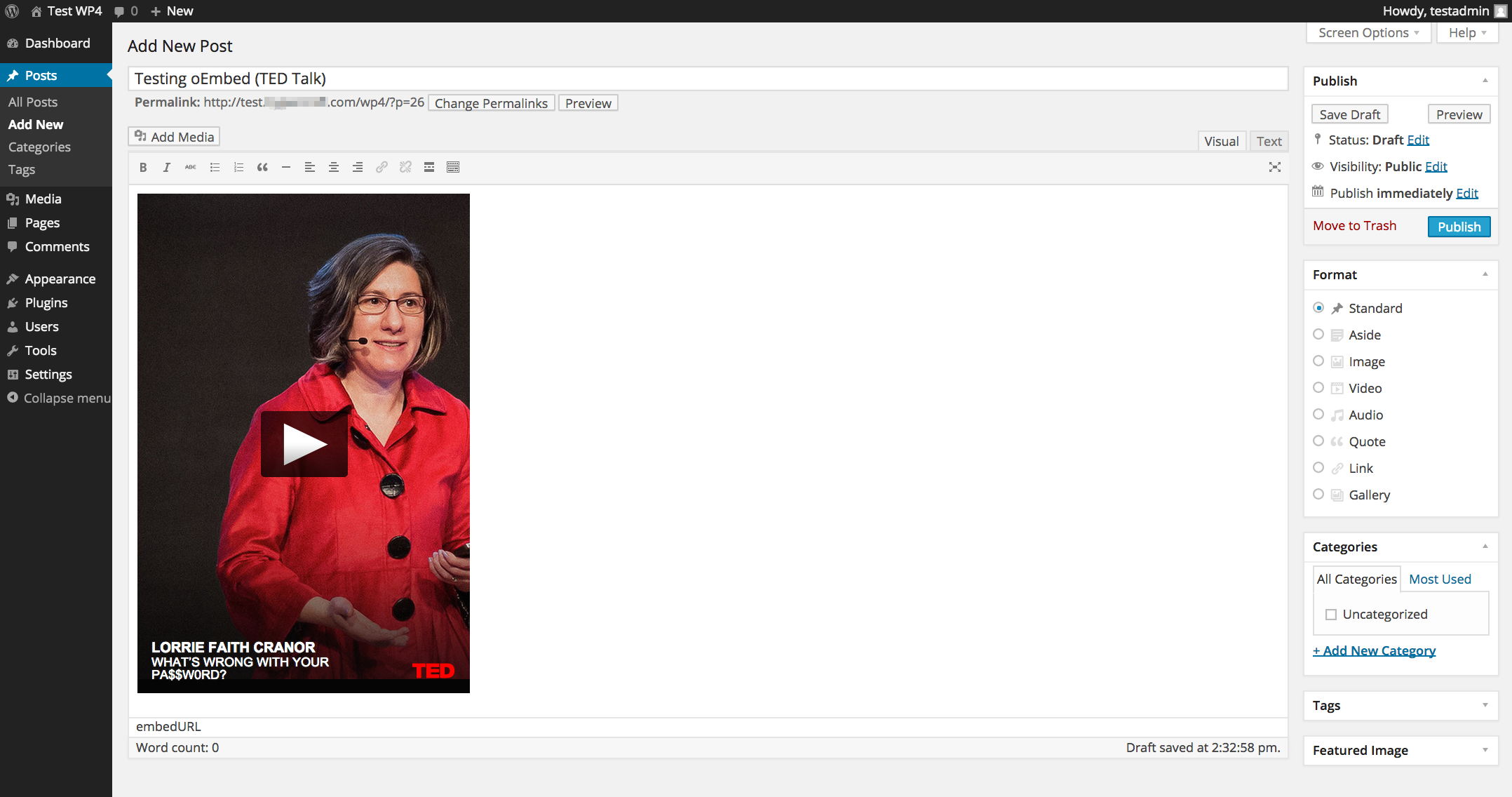 WordPress 4.0 изглед от визуалния редактор на интегрирано видео от TED