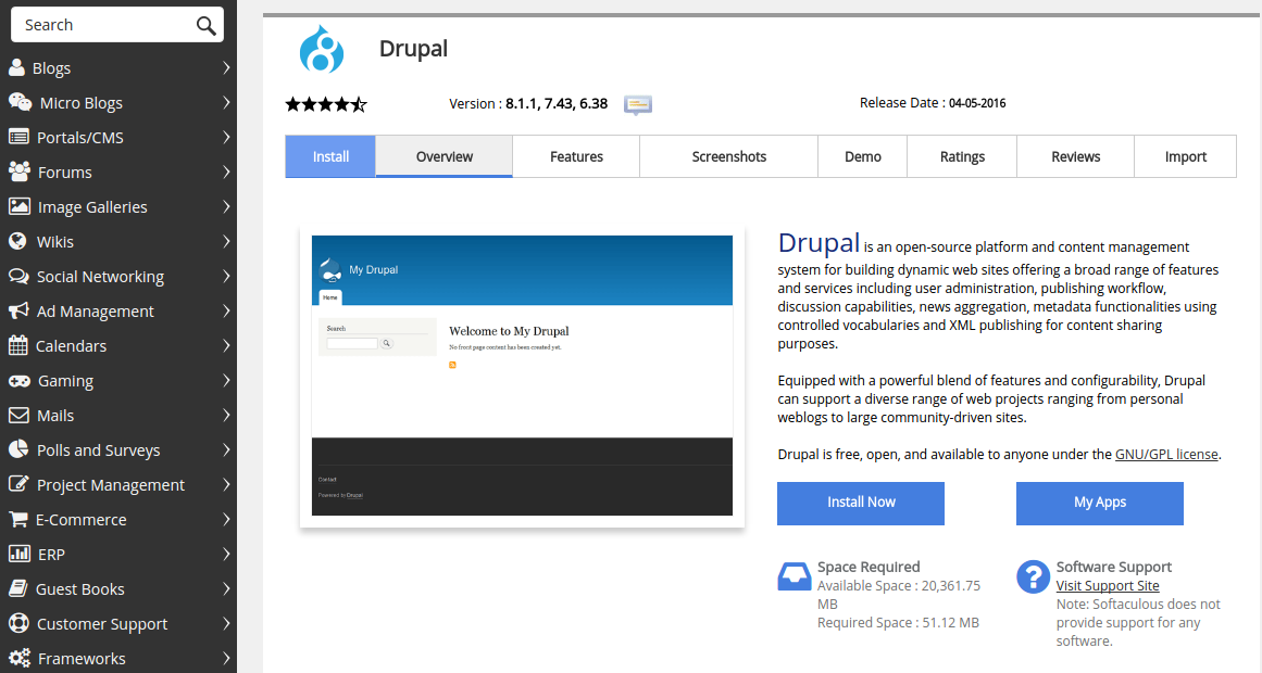 Drupal Initial Installation Softaculous