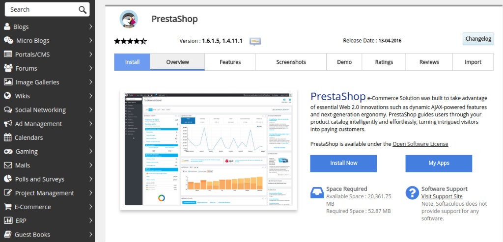 PrestaShop Initial Installation Window