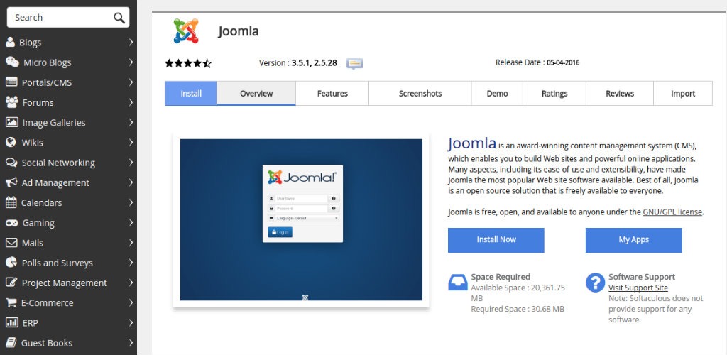 Joomla! Installation Softaculous